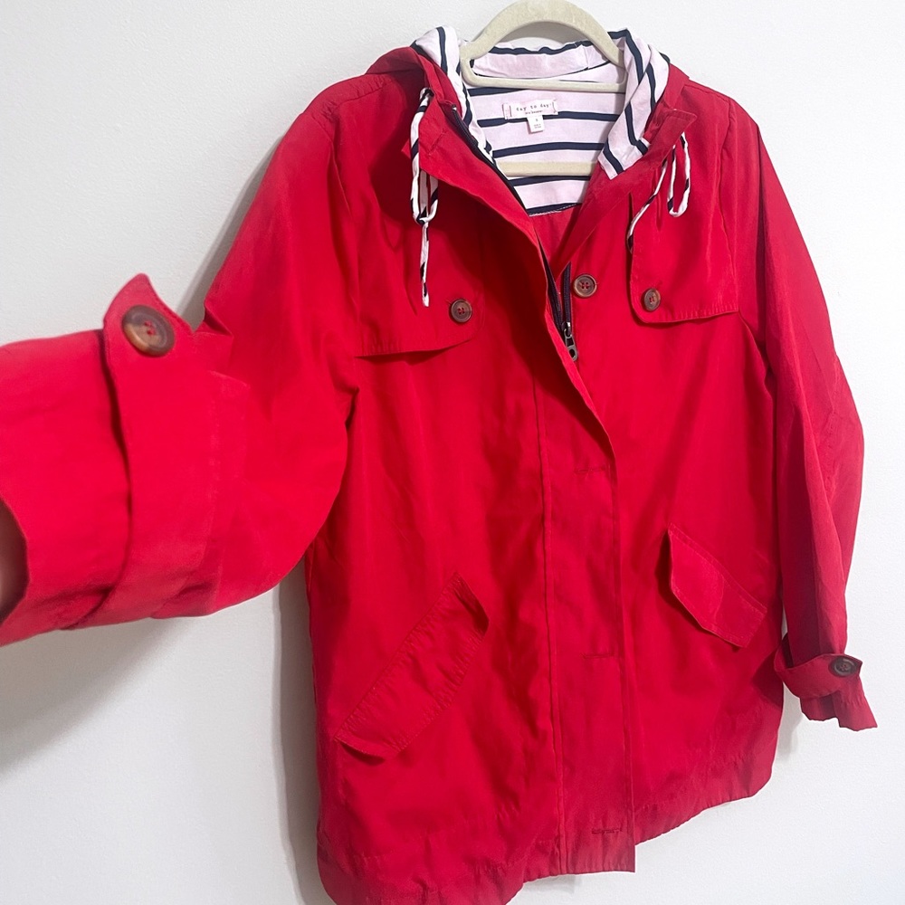 Lightweight Jacket with Hood and Mariner Aesthetic in Bright Red by Day to Day